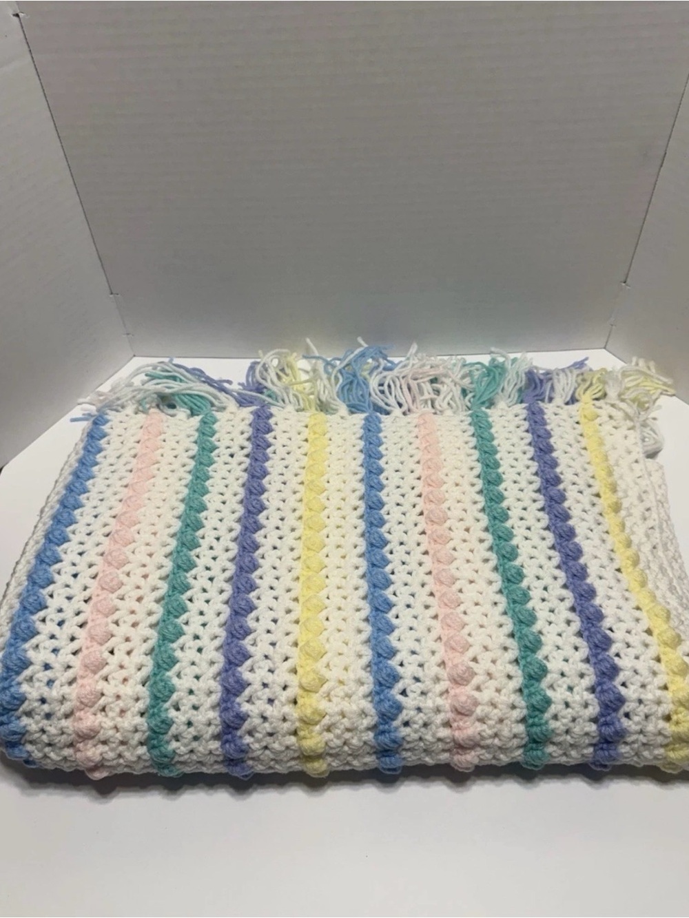 Baby Blanket 53.5x37.5 Pastel Striped Fringe Afghan Handmade